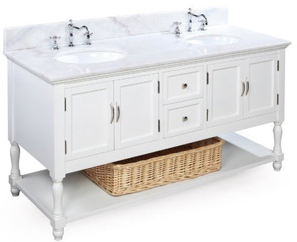 Beverly 60-inch Bathroom Vanity (White/White): Includes a White Solid Wood Cabinet, Soft Close Drawers, a Marble Countertop, and Two Ceramic Sinks