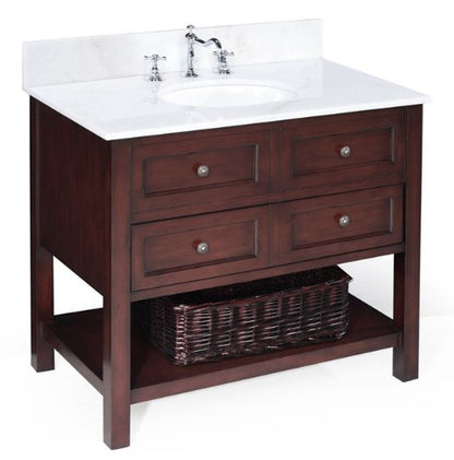 New Yorker 36-inch Bathroom Vanity (White/Chocolate): Includes a Chocolate Solid Wood Cabinet, Soft Close Drawers, a White Marble Countertop, and a Ceramic Sink