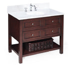 New Yorker 36-inch Bathroom Vanity (White/Chocolate): Includes a Chocolate Solid Wood Cabinet, Soft Close Drawers, a White Marble Countertop, and a Ceramic Sink