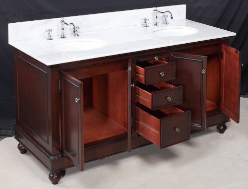 Bella 60-inch Bathroom Vanity (White/Chocolate): Includes a Chocolate Solid Wood Cabinet, Soft Close Drawers, a Marble Countertop, and Two Ceramic Sinks