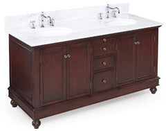 Bella 60-inch Bathroom Vanity (White/Chocolate): Includes a Chocolate Solid Wood Cabinet, Soft Close Drawers, a Marble Countertop, and Two Ceramic Sinks