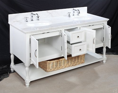 Beverly 60-inch Bathroom Vanity (White/White): Includes a White Solid Wood Cabinet, Soft Close Drawers, a Marble Countertop, and Two Ceramic Sinks