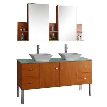 Virtu USA MD-457G Clarissa 61-Inch Wall-Mounted Double Sink Bathroom Vanity, Mirrored Cabinets and Shelves, Honey Oak Finish with Tempered Glass Countertop