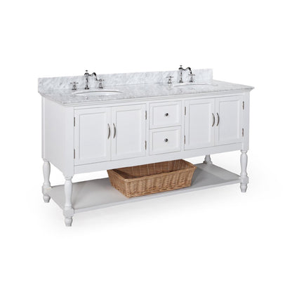 Beverly 60-inch Bathroom Vanity (Carrera/White): Includes a White Solid Wood Cabinet, an Italian Carrera Marble Countertop, Soft Close Drawers, and Two Ceramic Sinks