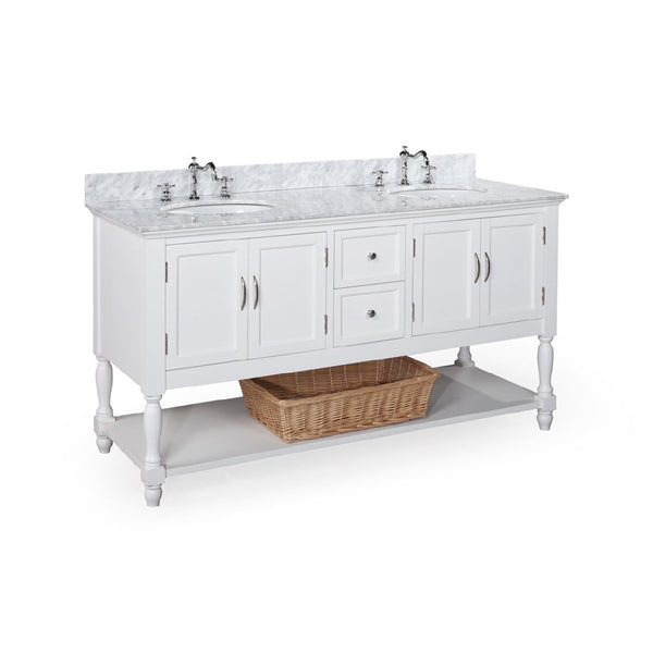 Beverly 60-inch Bathroom Vanity (Carrera/White): Includes a White Solid Wood Cabinet, an Italian Carrera Marble Countertop, Soft Close Drawers, and Two Ceramic Sinks