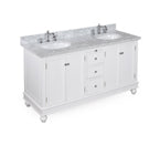 Bella 60-inch Bathroom Vanity (Carrera/White): Includes an Italian Carrera Marble Countertop, a White Cabinet, Soft Close Drawers, and Two Ceramic Sinks