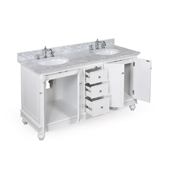 Bella 60-inch Bathroom Vanity (Carrera/White): Includes an Italian Carrera Marble Countertop, a White Cabinet, Soft Close Drawers, and Two Ceramic Sinks