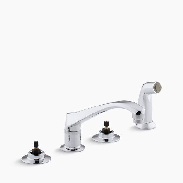 Kohler Triton® 4-hole widespread kitchen sink faucet with 8-1/8" spout and matching finish sidespray, requires handles K-7765-K-CP