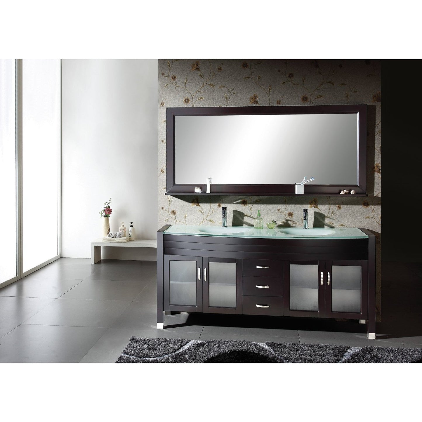 Virtu USA MD-499 Ava 63-Inch Double Sink Bathroom Vanity with Mirror with Shelf, Faucets and Integrated Glass Basins - Espresso Finish