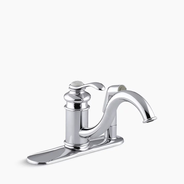 Kohler Fairfax® Three-hole kitchen sink faucet with 9" spout and matching finish sidespray in escutcheon K-12173-CP