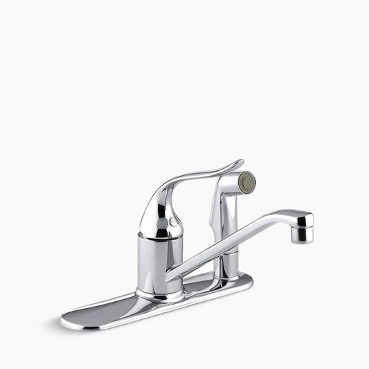 Kohler Coralais® Three-hole kitchen sink faucet with 8-1/2" spout, matching finish sidespray through escutcheon and lever handle K-15173-F