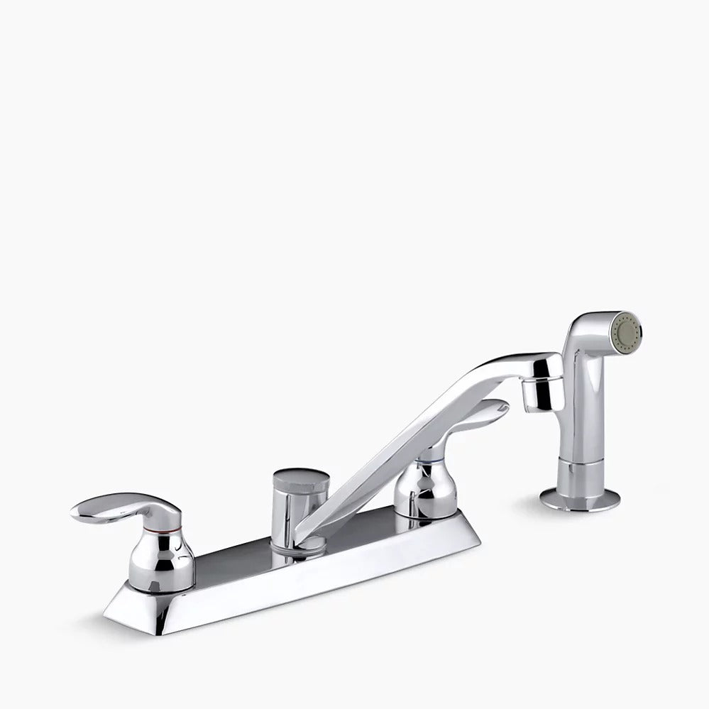 Kohler Coralais® Three-hole kitchen sink faucet with 7-5/8" spout, matching finish sidespray and lever handles K-15253-4-CP