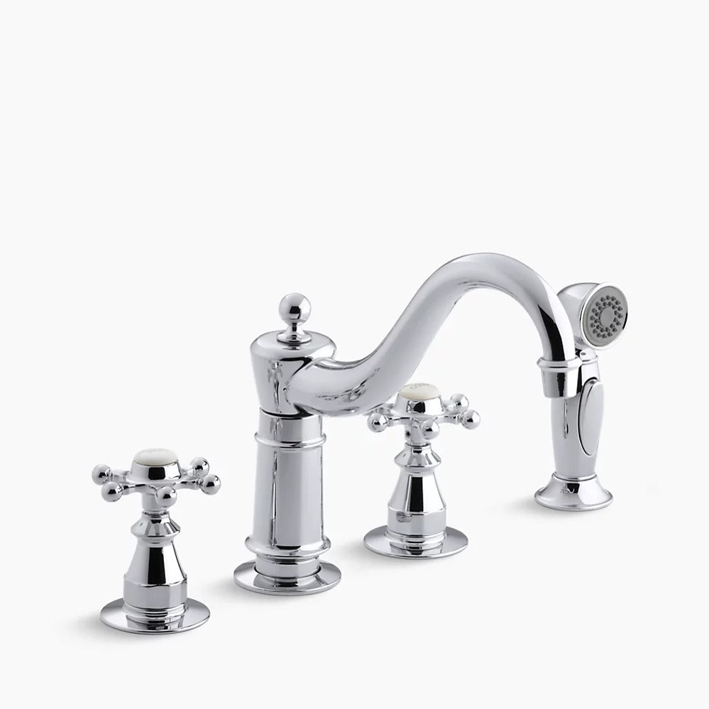 Kohler Antique Three-hole kitchen sink faucet with 8-5/8" spout, sidespray and 6-prong handles K-158-3-CP