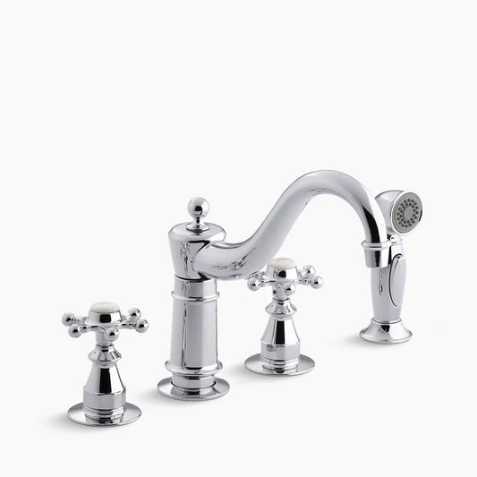 Kohler Antique Three-hole kitchen sink faucet with 8-5/8" spout, sidespray and 6-prong handles K-158-3-CP