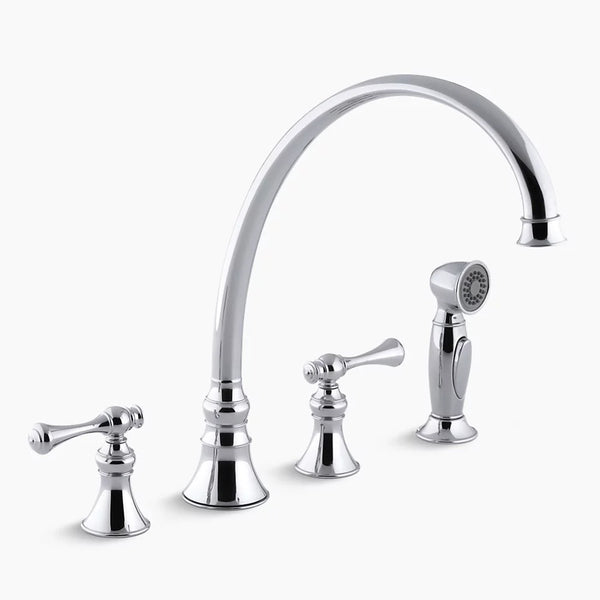 Kohler Revival® 4-hole kitchen sink faucet with 11-13/16" spout, matching finish sidespray and traditional lever handles K-16111-4A-CP