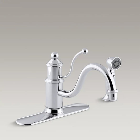 Kohler Antique Three-hole kitchen sink faucet with escutcheon plate, 8-7/8" spout , sidespray and lever handle K-171-CP