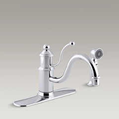 Kohler Antique Three-hole kitchen sink faucet with escutcheon plate, 8-7/8" spout , sidespray and lever handle K-171-CP