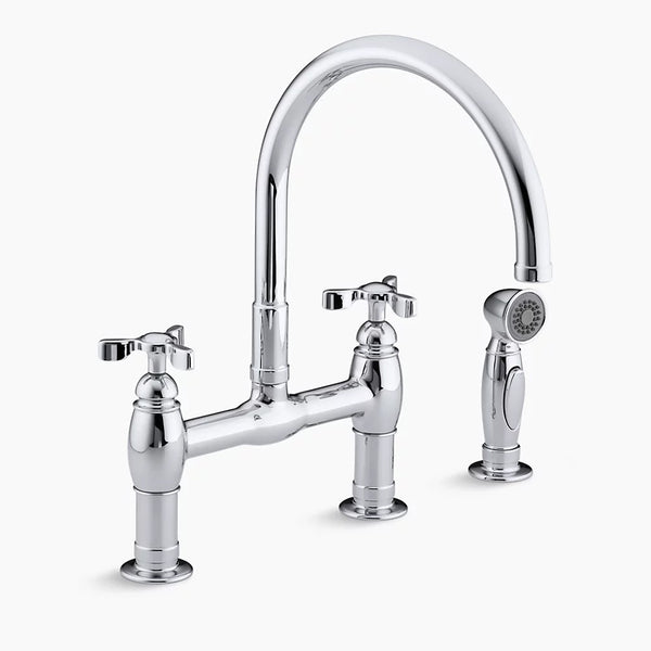 Kohler Parq® Two-hole deck-mount bridge kitchen sink faucet with 9" gooseneck, matching finish sidespray and tri handles K-6131-3