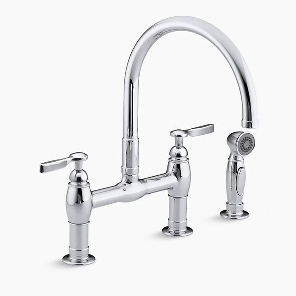 Kohler Parq® Two-hole deck-mount bridge kitchen sink faucet with 9" gooseneck, matching finish sidespray and lever handles K-6131-4-CP