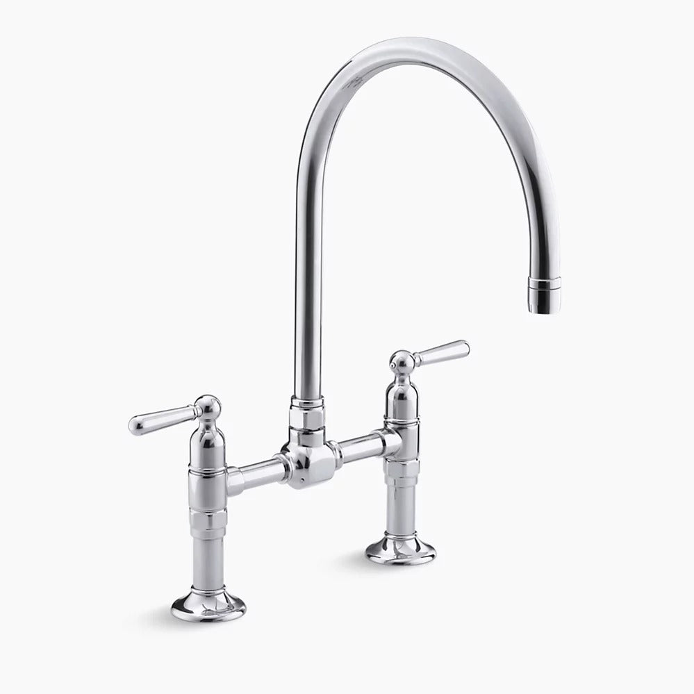 Kohler HiRise Two-hole deck-mount bridge kitchen sink faucet with 10-1/4" gooseneck spout and lever handles K-7337-4