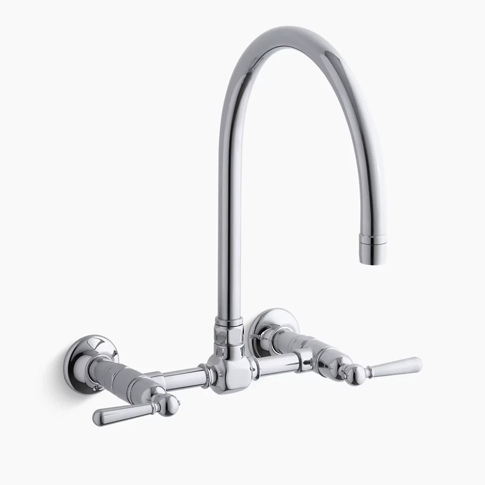 Kohler HiRise Two-hole wall-mount bridge kitchen sink faucet with 13-7/8" gooseneck spout and lever handles K-7338-4-S