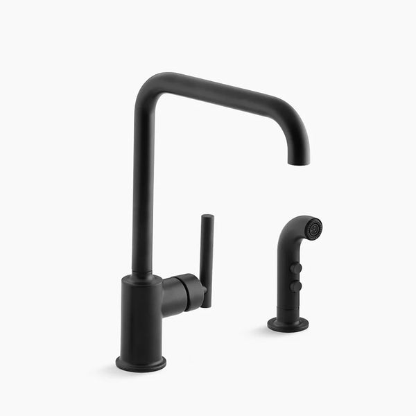Kohler K-7508-BL Purist Two Hole Kitchen Sink Faucet with 8" Spout and Matching Finish Sidespray - Matte Black