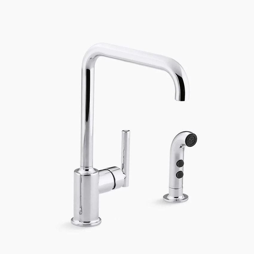 Kohler K-7508-CP Purist Two Hole Kitchen Sink Faucet with 8" Spout and Matching Finish Sidespray - Polished Chrome