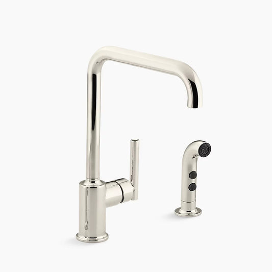 Kohler K-7508-SN Purist Two Hole Kitchen Sink Faucet with 8" Spout and Matching Finish Sidespray - Vibrant Polished Nickel