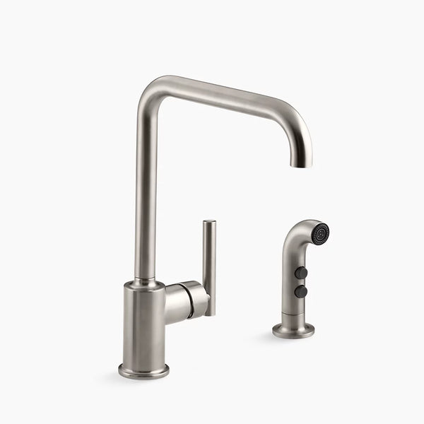 Kohler K-7508-VS Purist Two Hole Kitchen Sink Faucet with 8" Spout and Matching Finish Sidespray - Vibrant Stainless