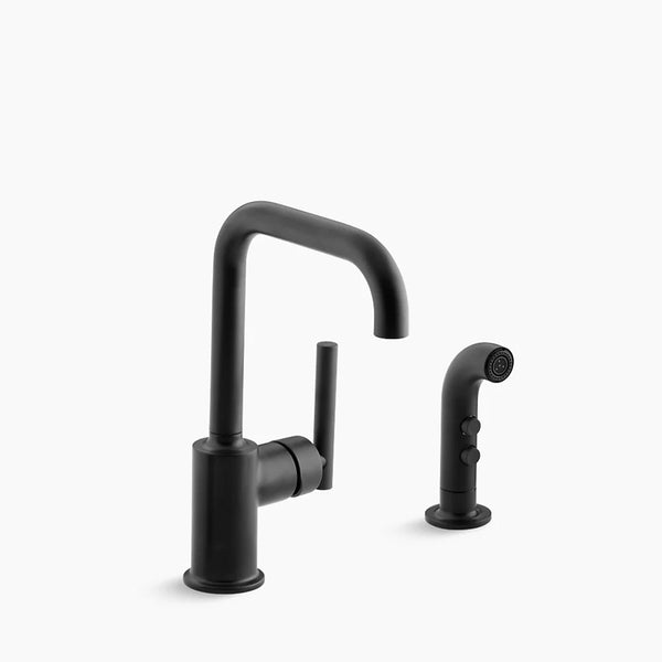 Kohler K-7511-BL Purist Two Hole Kitchen Sink Faucet with 6" Spout and Matching Finish Sidespray - Matte Black