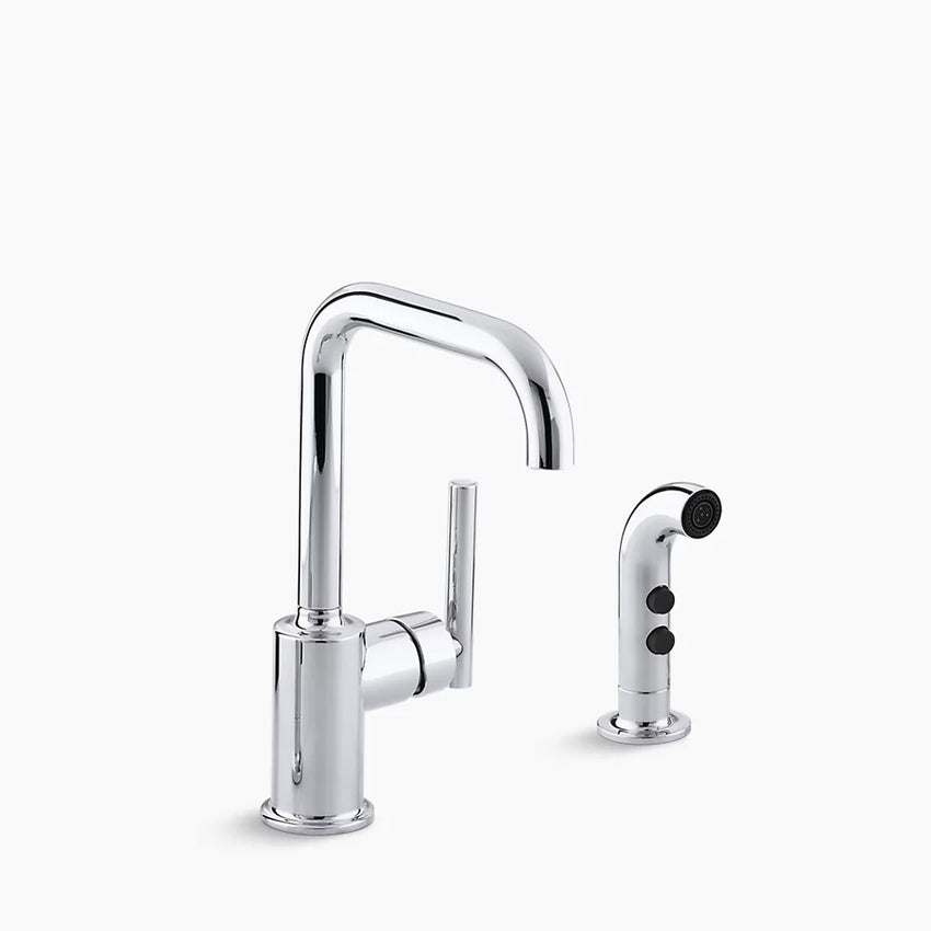 Kohler K-7511-CP Purist Two Hole Kitchen Sink Faucet with 6" Spout and Matching Finish Sidespray - Polished Chrome