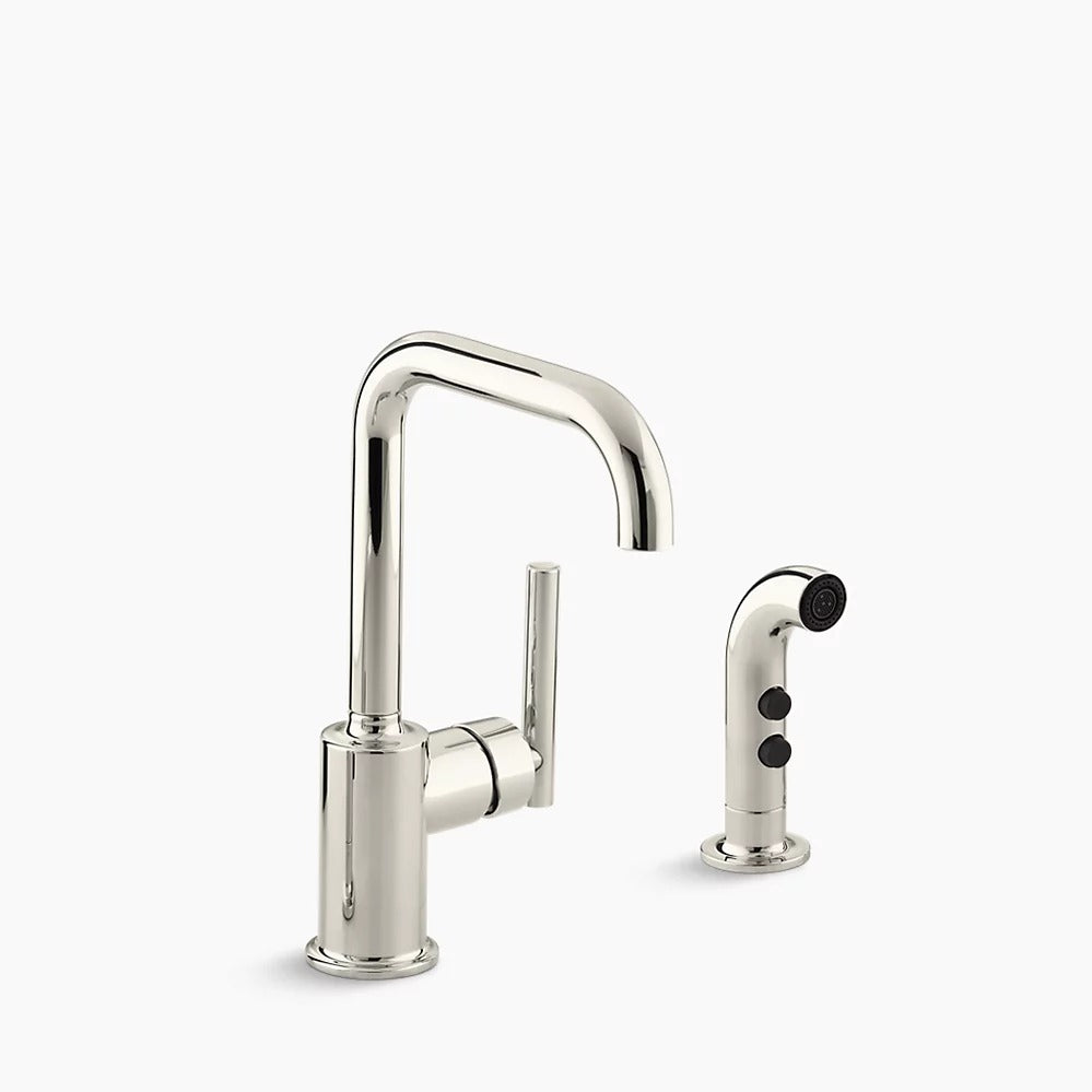 Kohler K-7511-SN Purist Two Hole Kitchen Sink Faucet with 6" Spout and Matching Finish Sidespray - Vibrant Polished Nickel