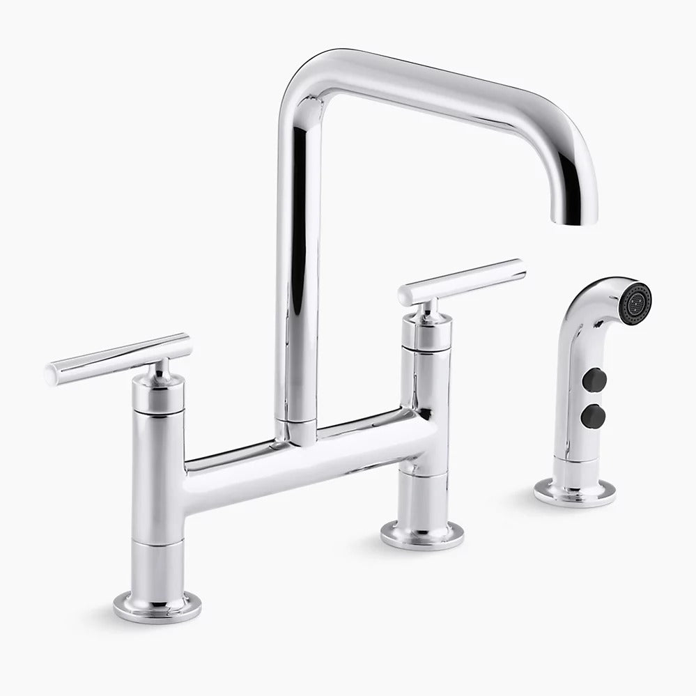 Kohler Purist® Two-hole deck-mount bridge bridge kitchen sink faucet with 8-3/8" spout and matching finish sidespray K-7548-4