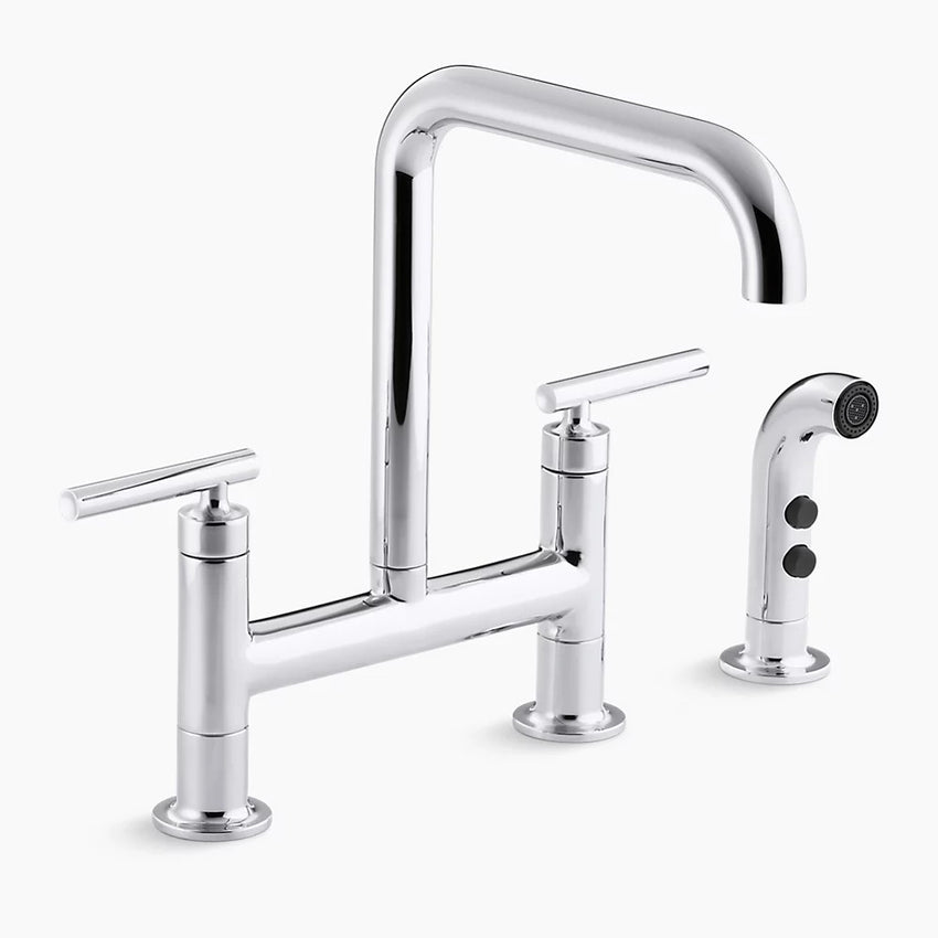 Kohler K-7548-4-CP Purist Two Hole Deck Mount Bridge Kitchen Sink Faucet with 8-3/8" Spout and Matching Finish Sidespray - Polished Chrome