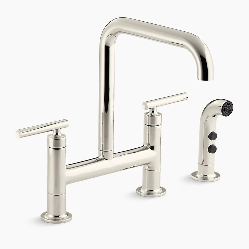 Kohler K-7548-4-SN Purist Two Hole Deck Mount Bridge Kitchen Sink Faucet with 8-3/8" Spout and Matching Finish Sidespray - Vibrant Polished Nickel