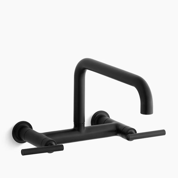 Kohler K-7549-4-BL Purist Two Hole Wall Mount Bridge Kitchen Sink Faucet with 13-7/8" Spout - Matte Black