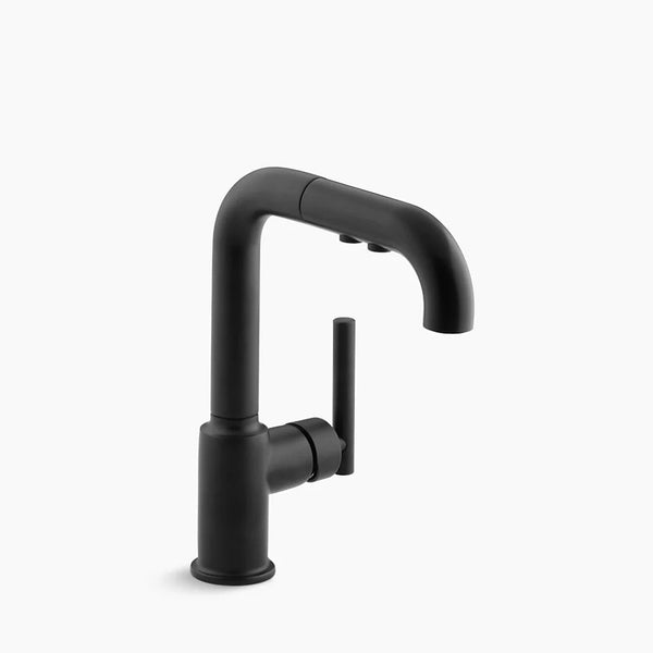 Kohler K-7506-BL Purist Single Hole Kitchen Sink Faucet with 7" Pullout Spout - Matte Black