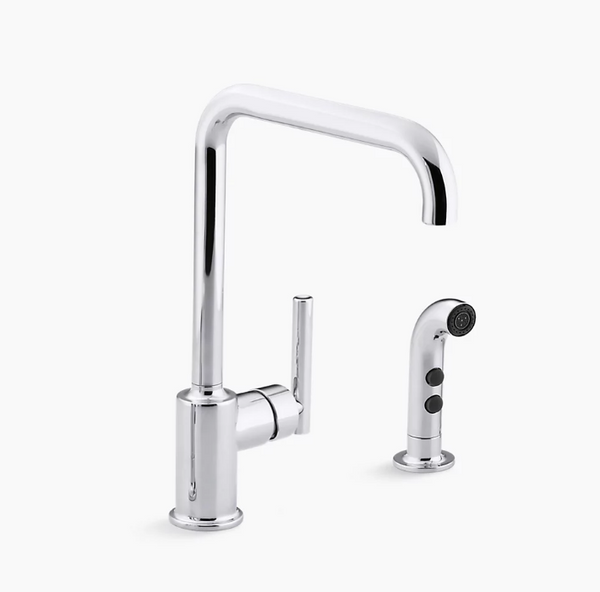 Kohler Purist® Two-hole kitchen sink faucet with 8" spout and matching finish sidespray K-7508