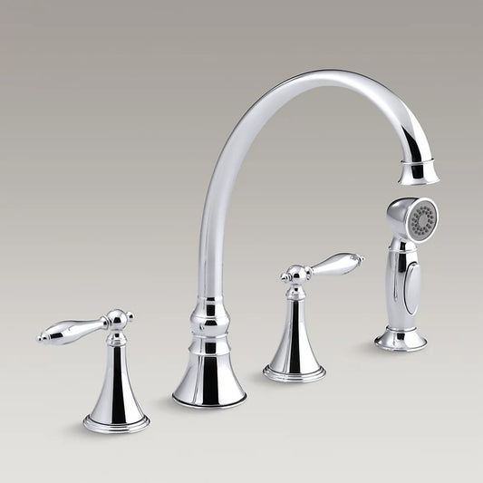 Kohler Finial® Traditional 4-hole kitchen sink faucet with 9-3/16" spout, matching finish sidespray and lever handles K-377-4M